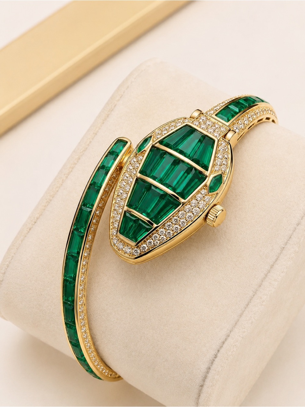 Serpenti Style Emerald Green Crystal Bangle Watch – Gold Tone Quartz Watch